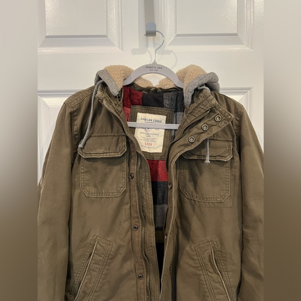 American Eagle BRAND NEW Men Small Jacket Zipper Lined Green Army Button Cotton